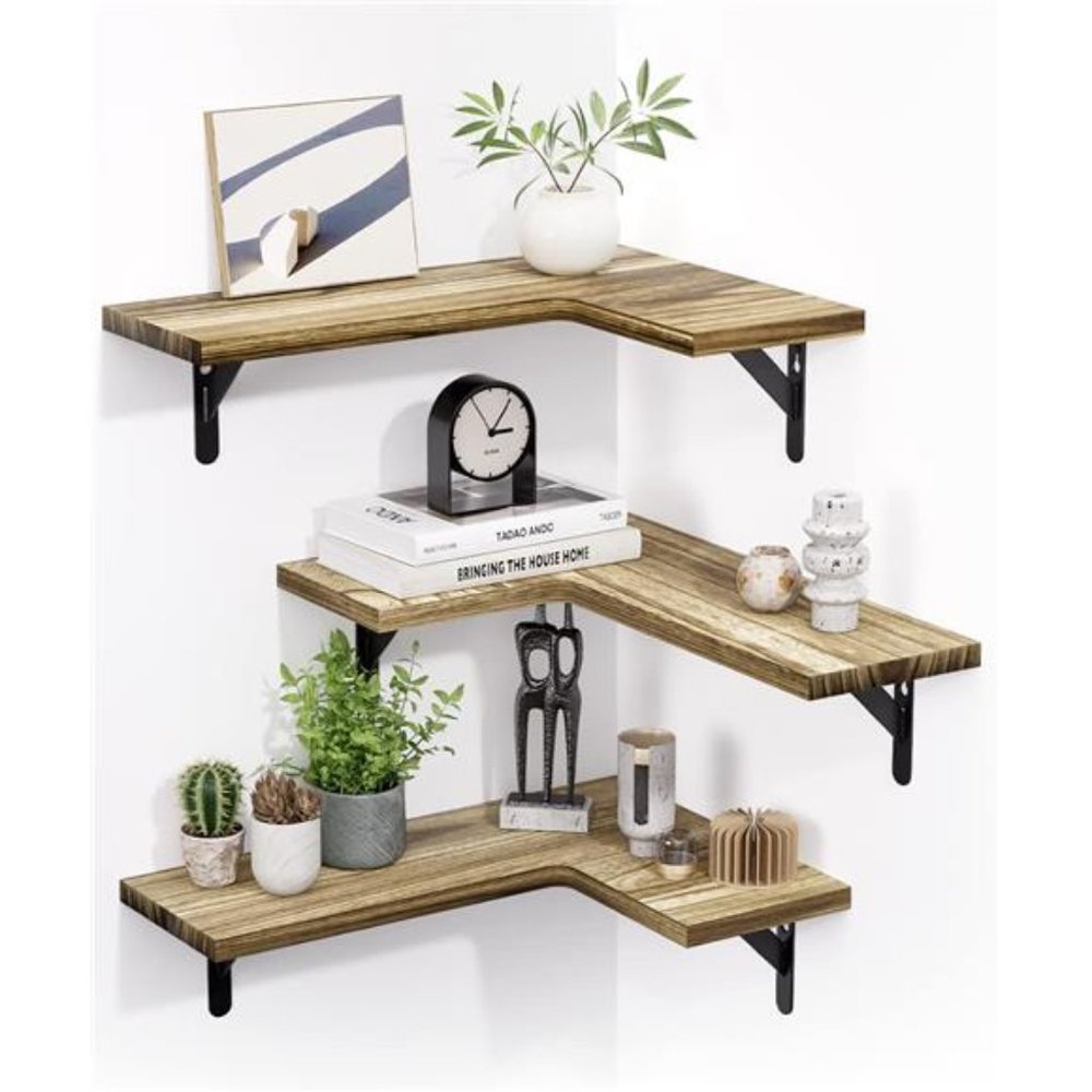 Corner Shelves Wall Mounted Set of 3, Rustic Wood Wall Shelves for Bathroom